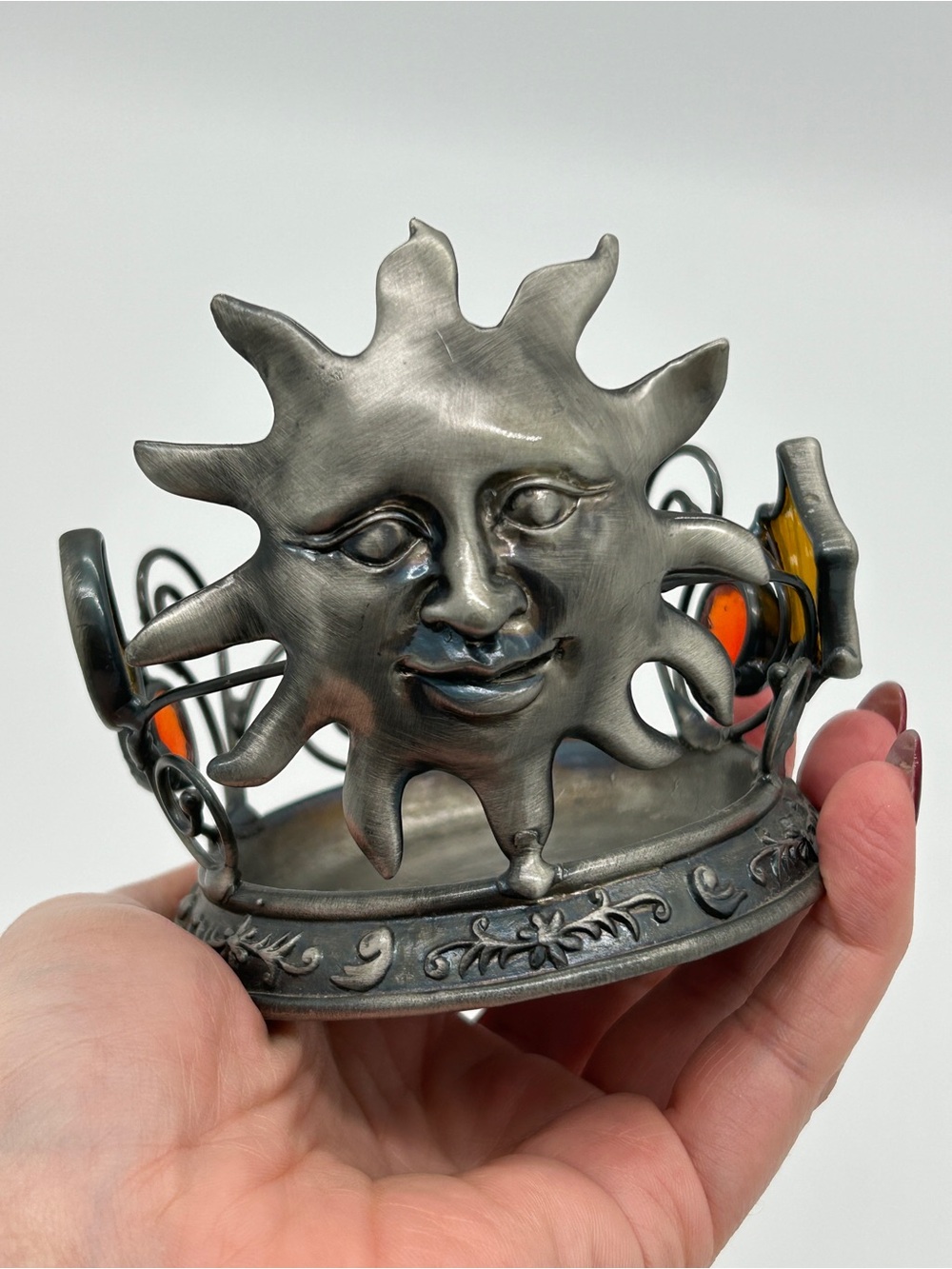 Vintage 90s Celestial Sun Moon Stars Pewter Finish Pillar Candle Holder